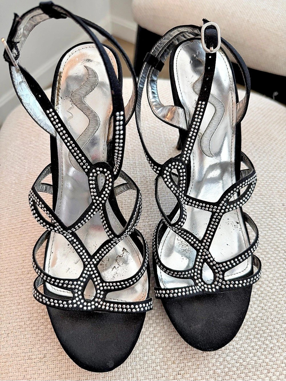Nina Rosamond Rhinestone Strappy Heels Black & Silver US 8.5